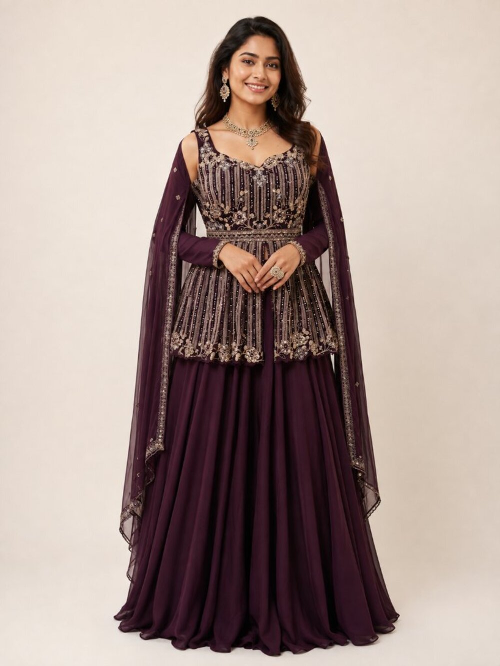 Wine Purple Embroidered Lehenga Set with Skirt & Dupatta – Size L